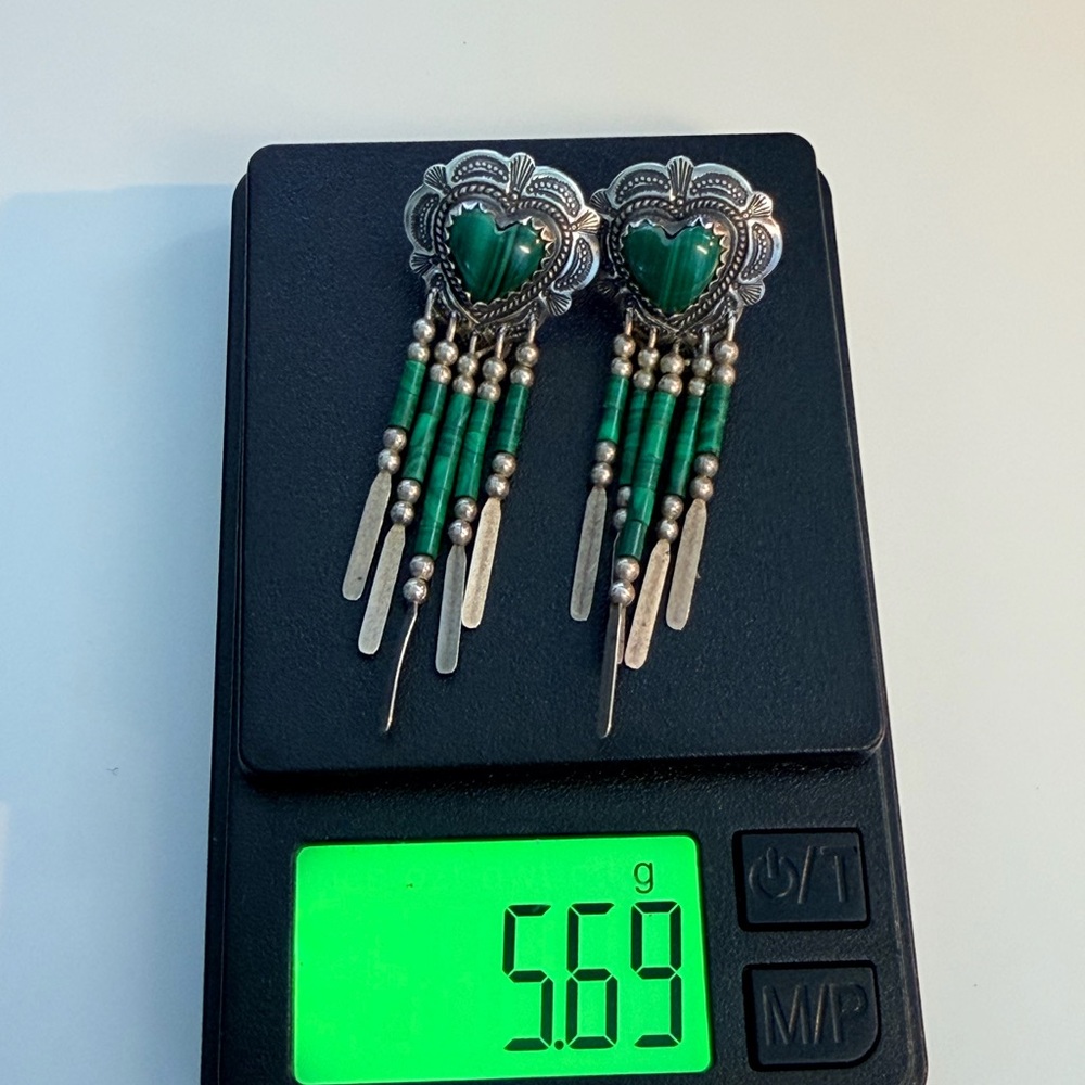 Vintage 925 Sterling Silver Malachite Heart Fringe Dangle Earrings Native Navajo - Picture 5 of 8